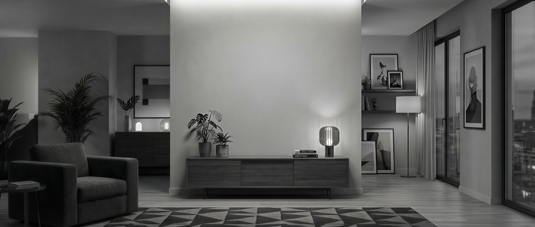 Modern minimalist living room with abstract wall art, indoor plants, and contemporary furniture