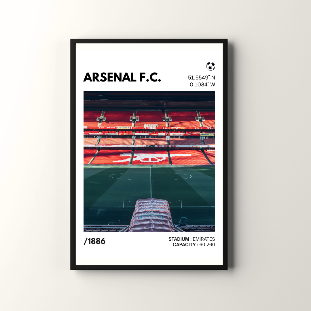 Arsenal F.C. Emirates Stadium poster, modern wall art with stadium interior and seating