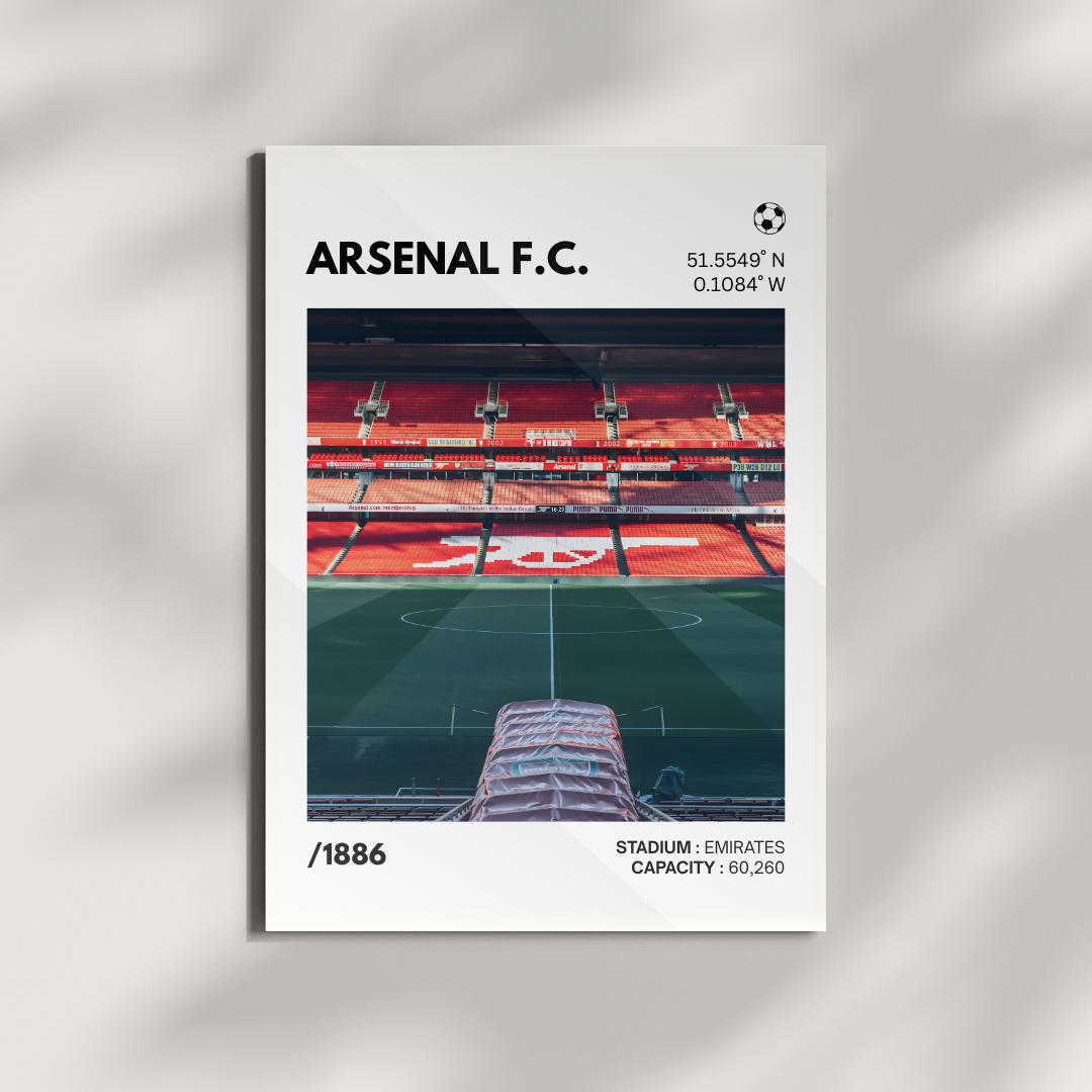 Arsenal F.C. Emirates Stadium poster with red seats and soccer field, modern wall art