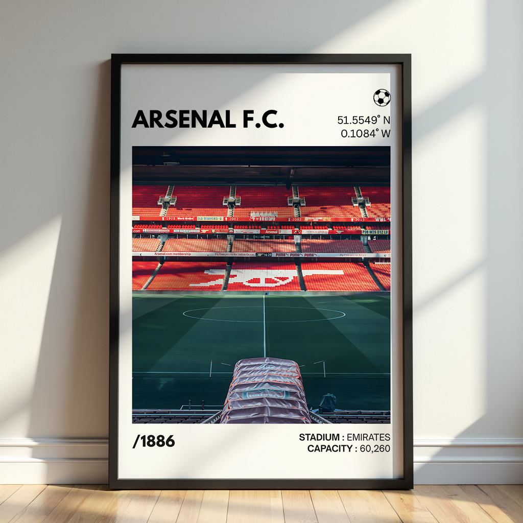 Arsenal F.C. Emirates Stadium poster with red seats and field, modern wall art decor