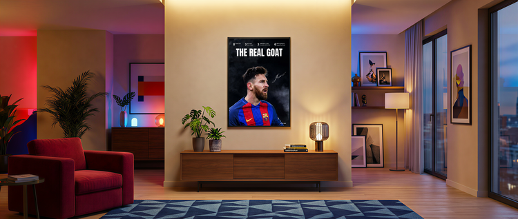 Modern living room with large football poster wall art, red armchair, and stylish decor