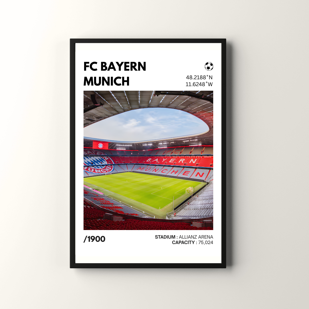 Framed poster of Allianz Arena, FC Bayern Munich stadium with red seats and green field.