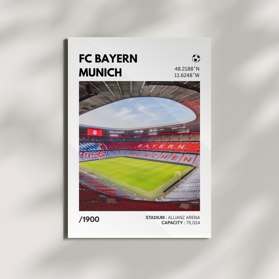 FC Bayern Munich Allianz Arena stadium poster with vibrant red seats and green field