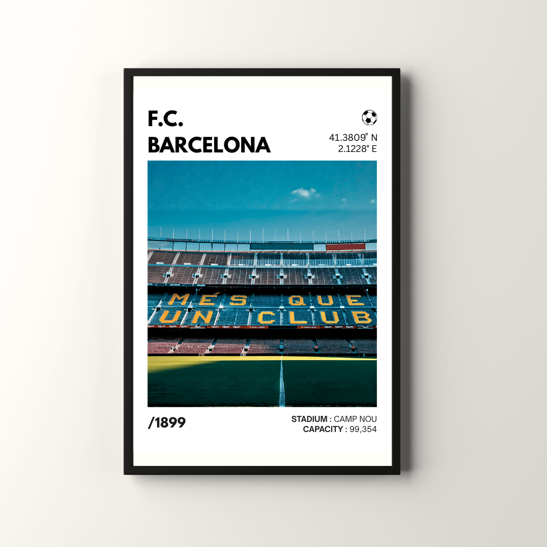 FC Barcelona Camp Nou stadium poster with seating and blue sky, wall art decor