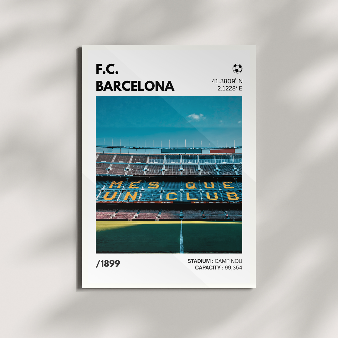 Minimal poster of Camp Nou stadium with empty seats and 'Més Que Un Club' in yellow letters