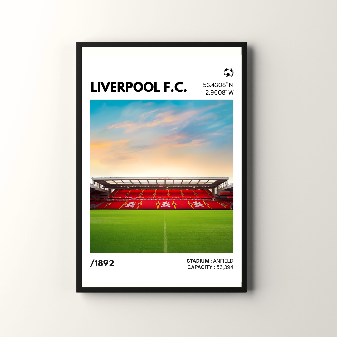 Liverpool FC Anfield stadium wall art poster with green pitch and red seating