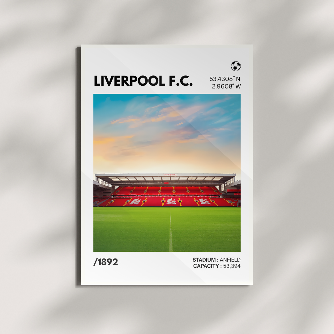 Liverpool F.C. stadium poster featuring Anfield with red stands, pitch, and sunset sky.