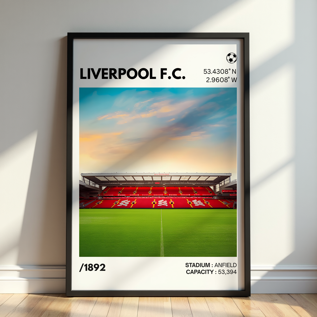Liverpool F.C. stadium poster with Anfield stands, field, and sunset sky wall art